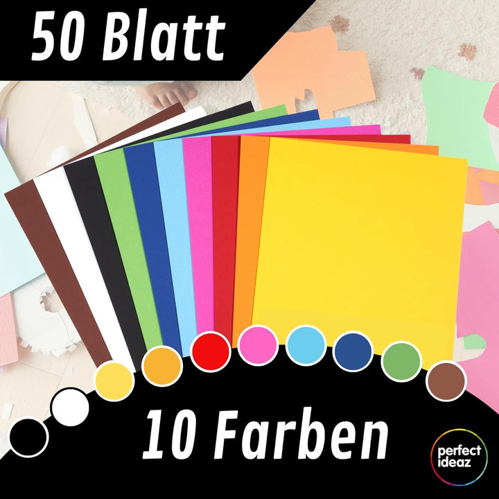 perfect ideaz 50 Blatt Fotokarton DIN-A2, 10 Farben, stabiler recycling Karton 300 g/m², Made in Ger
