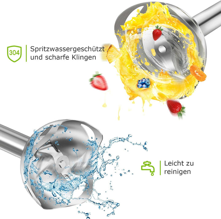 Bonsenkitchen 3 in 1 Elektrischer Stabmixer, 1000W Pürierstab mit Schneebesen/Messbecher, Stufenlose