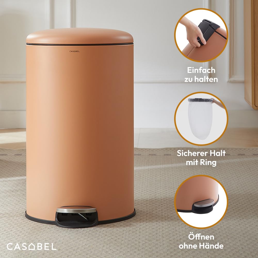 CASABEL Mülleimer Küche 30L - 100% Edelstahl, Resistent gegen Fingerabdrücke, Runder Treteimer mit F
