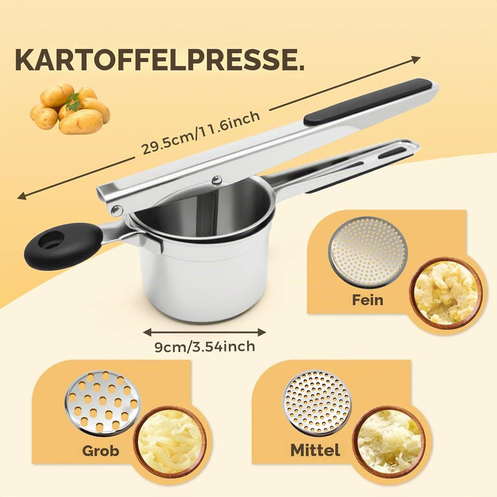 Kartoffelpresse Edelstahl, Kartoffelpresse mit 3 Austauschbaren Scheiben für Kartoffelbrei, Gemüsebr