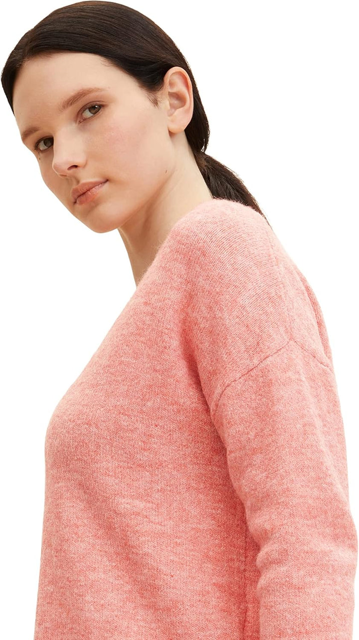 TOM TAILOR Denim Damen Basic Pullover mit V-Ausschnitt XS 30562 - Peach Pink Melange, XS 30562 - Pea