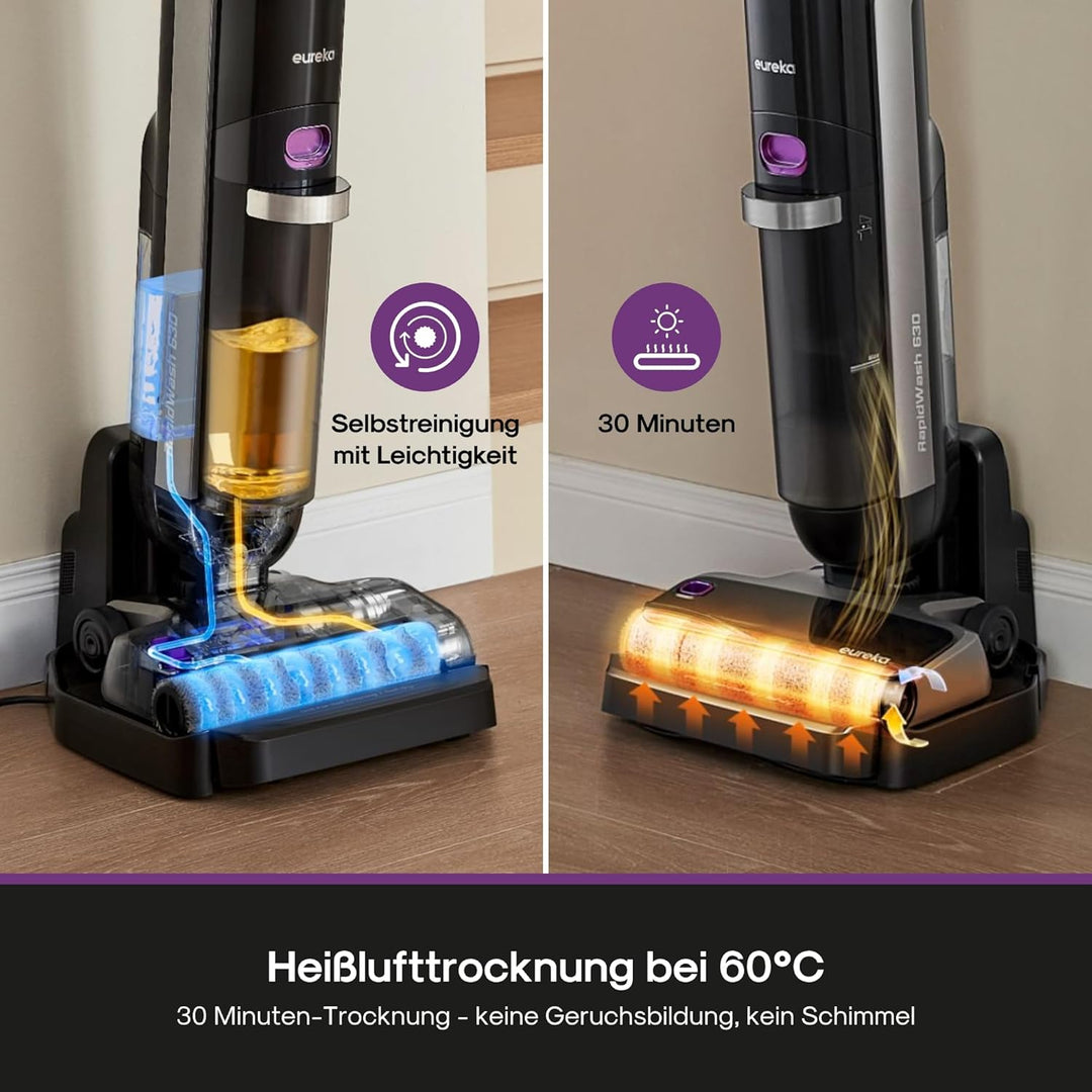 Eureka RapidWash NEW630 Nass Trockensauger Kabelloser Staubsauger mit 170° Neigung,50°C Heisslufttro