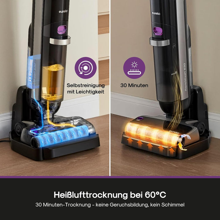 Eureka RapidWash NEW630 Nass Trockensauger Kabelloser Staubsauger mit 170° Neigung,50°C Heisslufttro