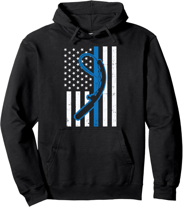Blue Line Flag Fishing Rod Police Patriotic Fisherman Gift Pullover Hoodie