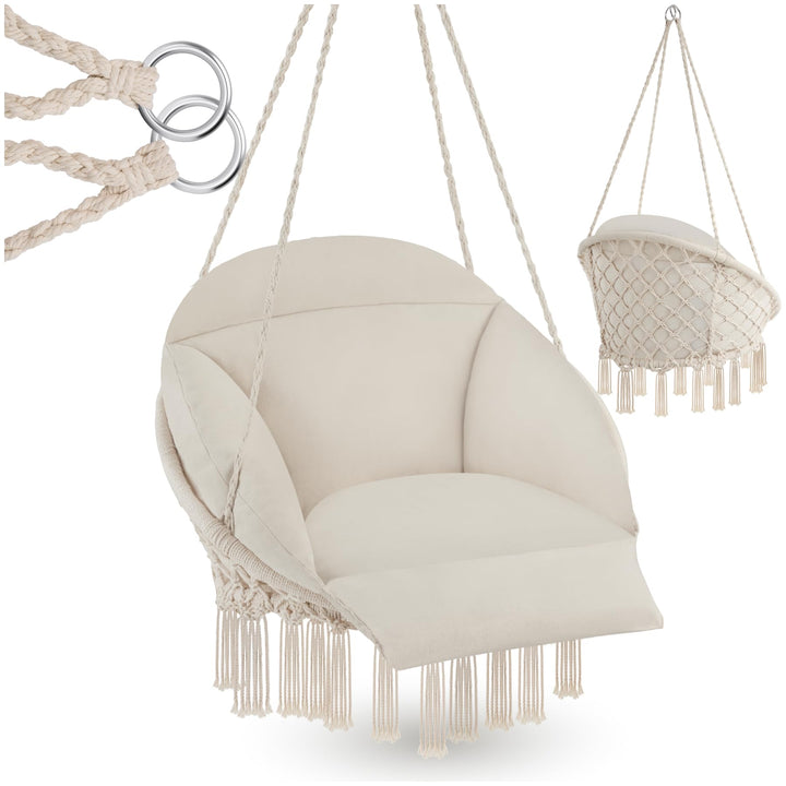 tectake® Hängesessel, Hängeschaukel mit dicken Kissen & Quasten, Boho Hängekorb Ø 80 cm, Hängesessel