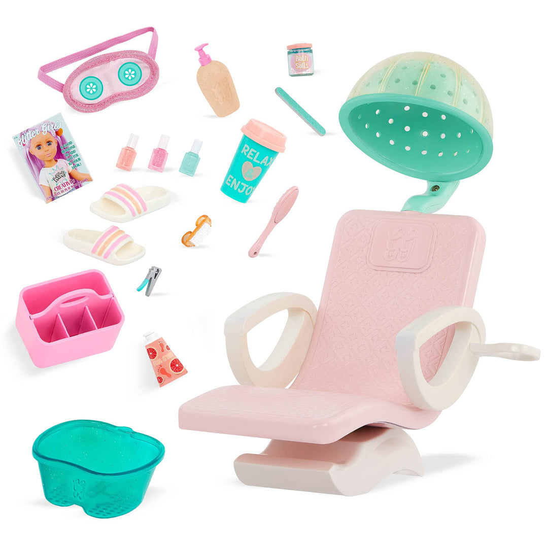 Glitter Girls - GG Salon Stuhl Puppen - Spa Stuhl Spielset - Haartrockner mit Kapuze, Fussbad, vorge