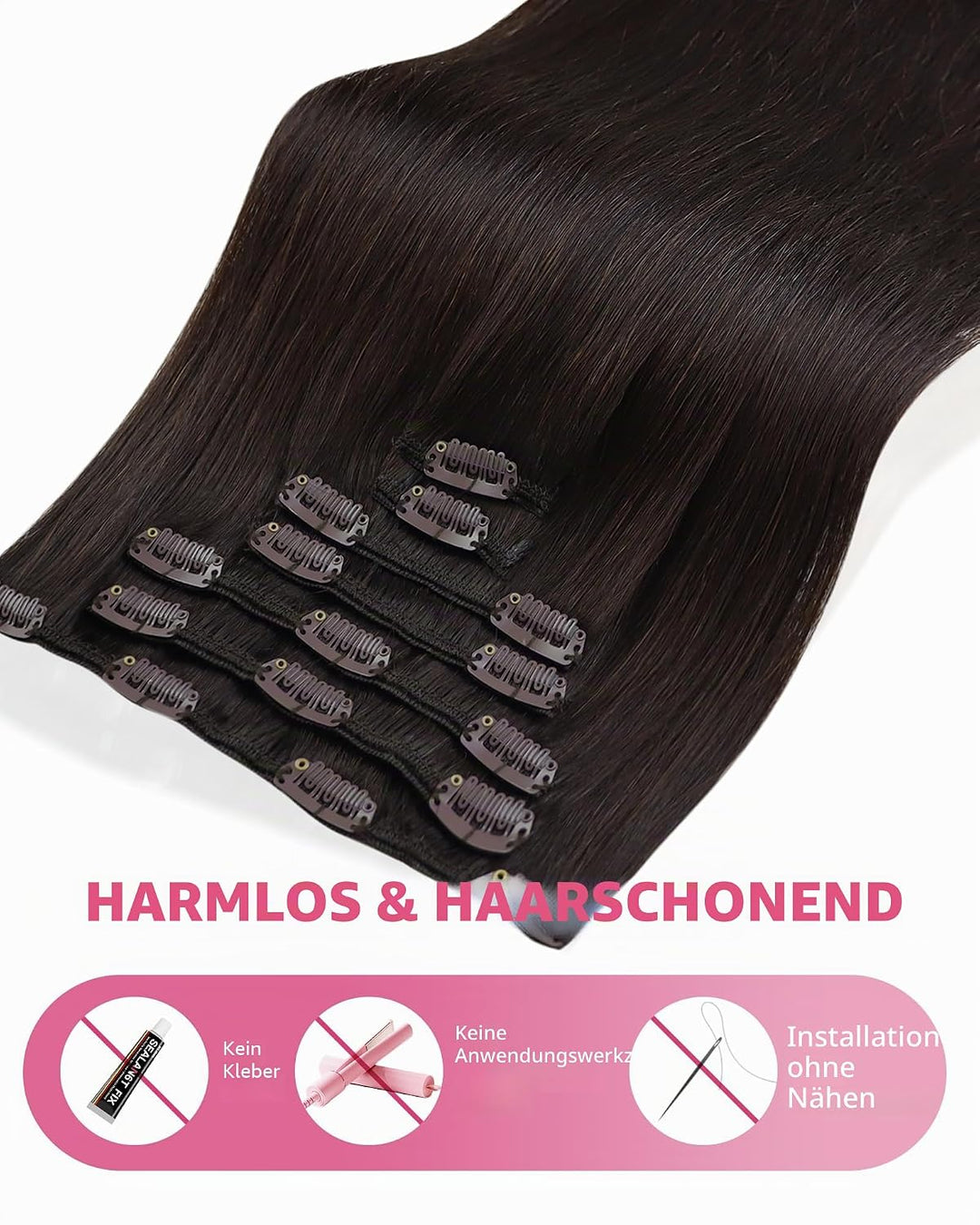 YoungSee Echthaar Extensions Clip Braun Clip in Extensions Echthaar Dunkelbraun 45 cm Clip in Extens