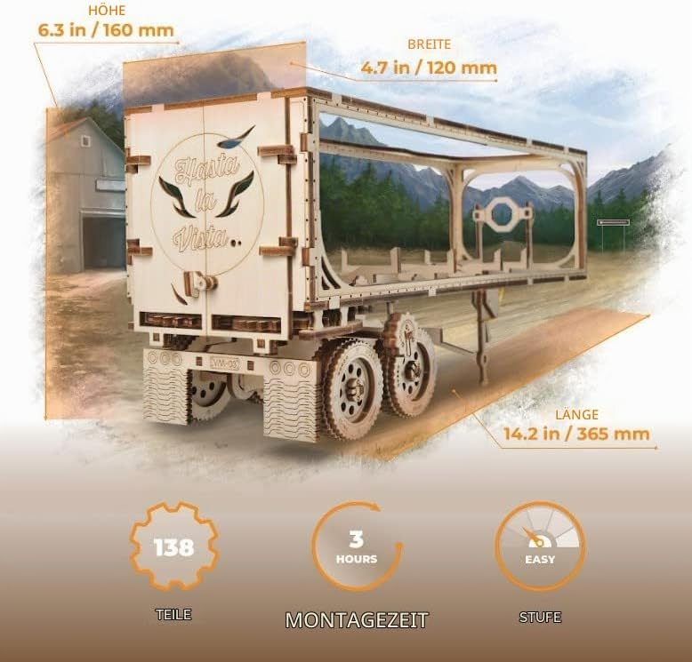 UGEARS Truck Trailer LKW Anhänger DIY Modellbausatz aus Holz – Anhänger für Schweren LKW - Sperrholz