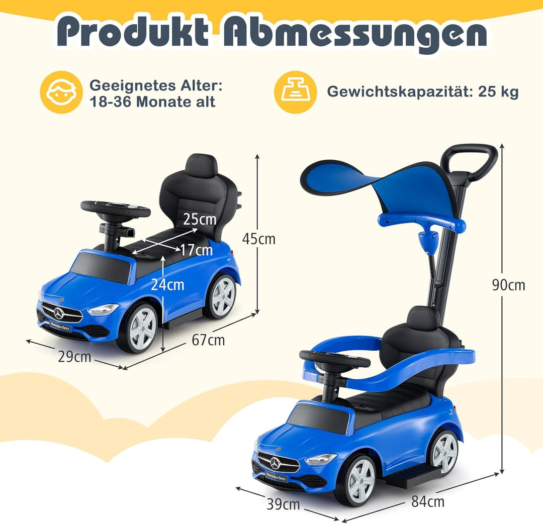 COSTWAY Mercedes-Benz Rutschauto, 3-in-1 Rutschfahrzeug mit Schiebegriff, Stauraum & Lenkschieber, S
