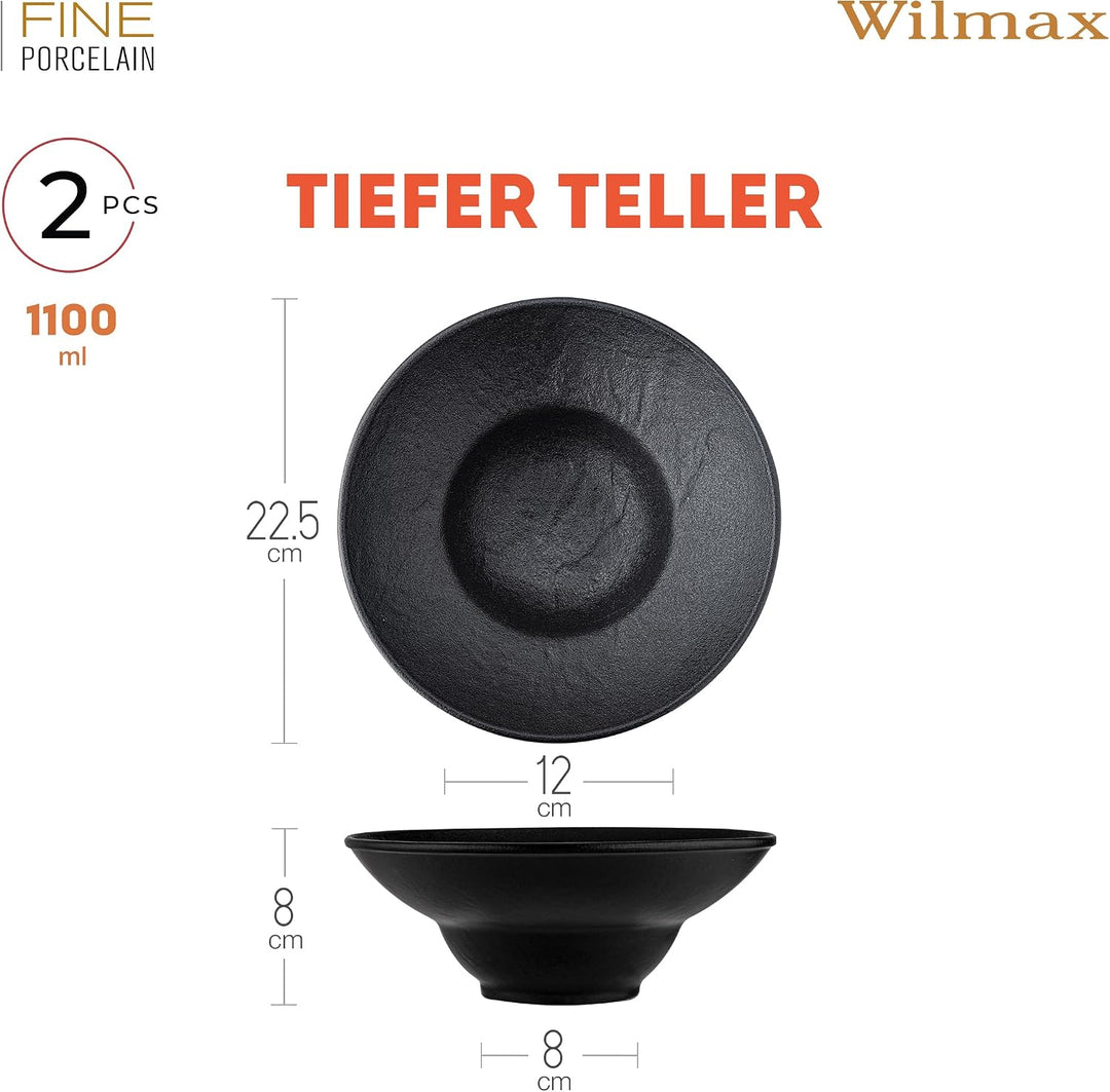 Wilmax | Tiefe Schalen - 2 Stück 22,5 cm / 1100 ml | Schwarze Pastateller | Natursteintextur | Für P