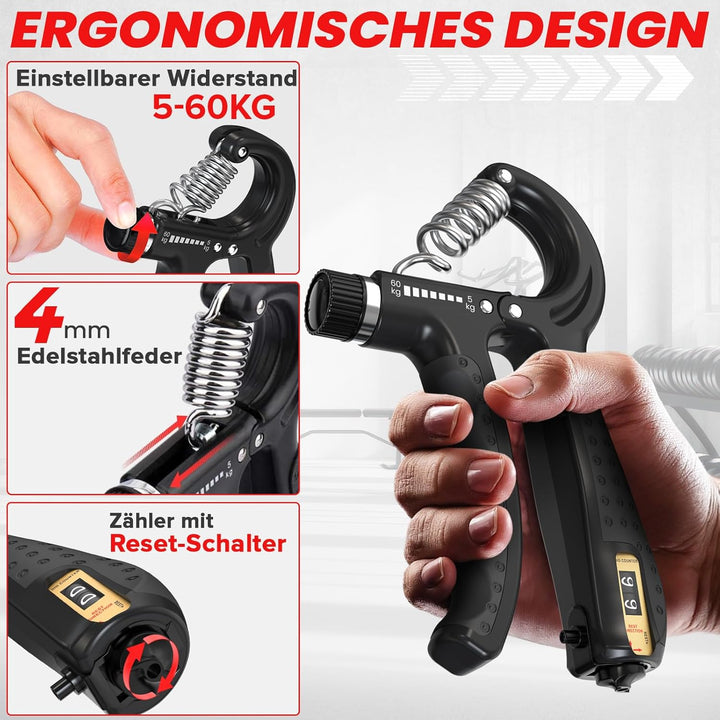 Handtrainer Fingertrainer, Verstellbares Griffkraft Trainer Set -5-Teilig- Unterarmtrainer, Fingerst