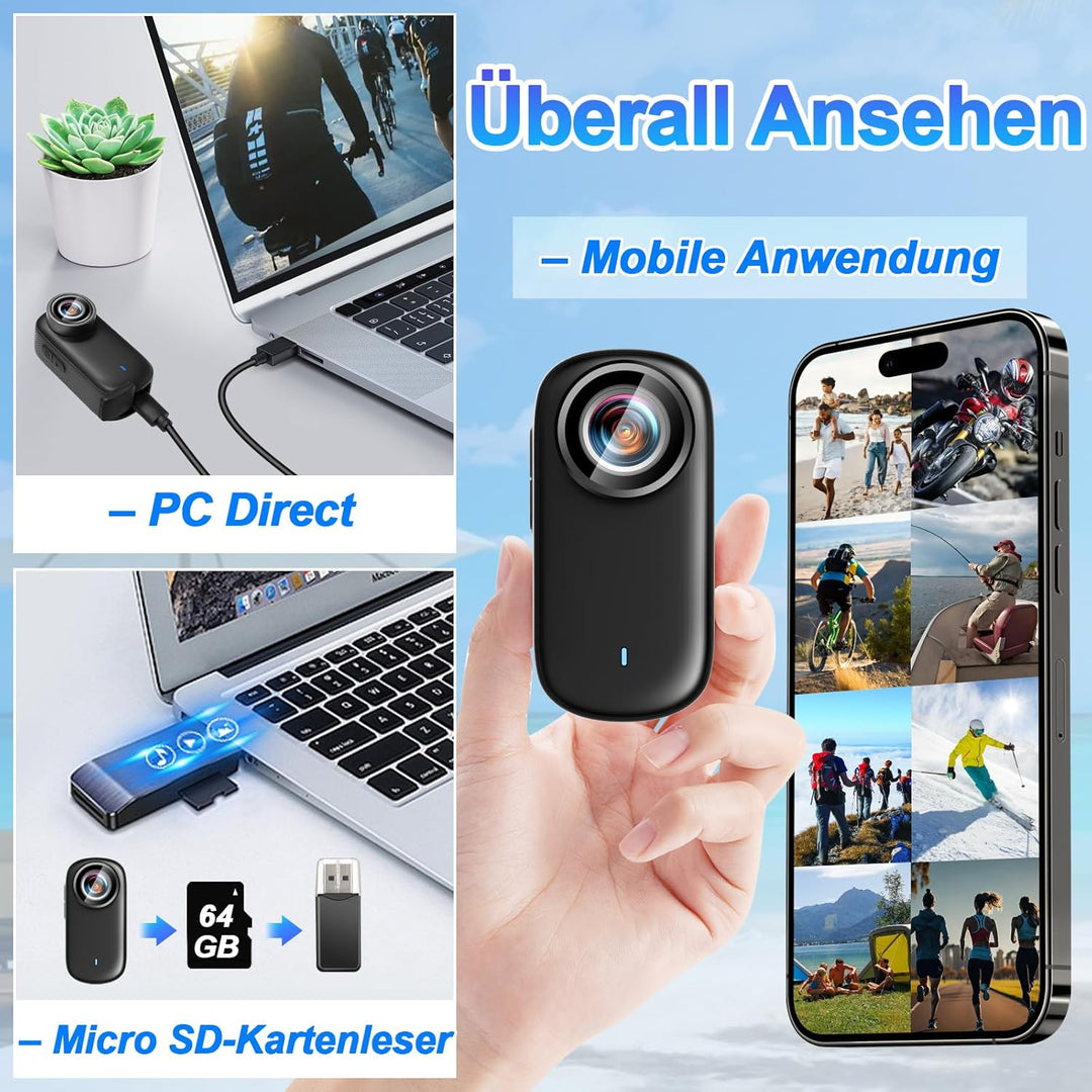 Mini Action Cam WiFi mit Bildschirm, 4K UHD & 150° Weitwinkel IP65 wasserdichte Bodycam 4K 64GB, Tra