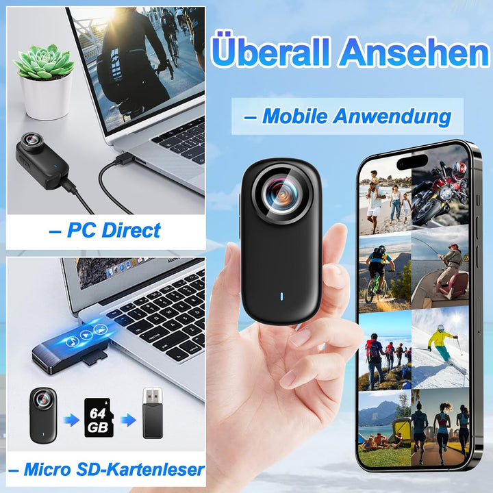 Mini Action Cam WiFi mit Bildschirm, 4K UHD & 150° Weitwinkel IP65 wasserdichte Bodycam 4K 64GB, Tra