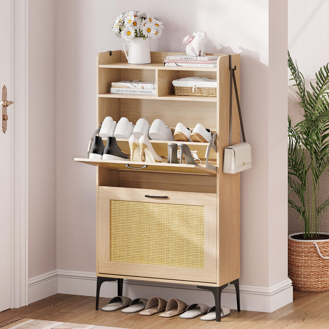 Dripex Schuhschrank, Schuhkipper mit 2 Flip-Schubladen,Schuhregal schmal mit Metallfüssen, verstellb