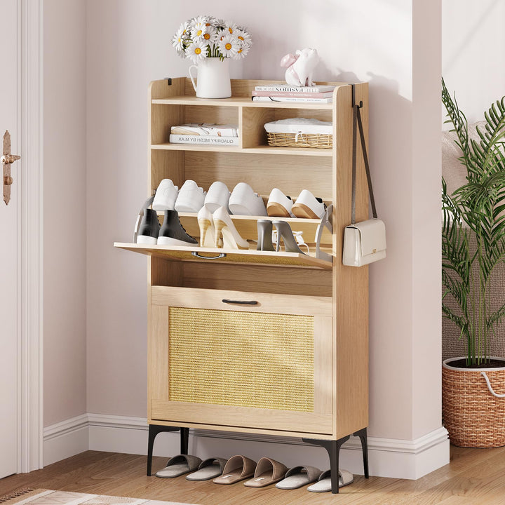 Dripex Schuhschrank, Schuhkipper mit 2 Flip-Schubladen,Schuhregal schmal mit Metallfüssen, verstellb