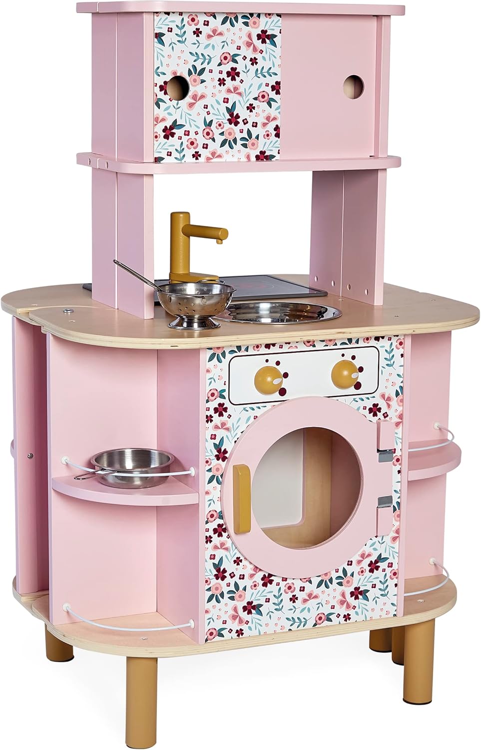 Janod - Twist Kinderküche aus Holz - Doppelseitige Küche - Mit 8 Utensilien - Ofen, Drehknöpfe, Koch