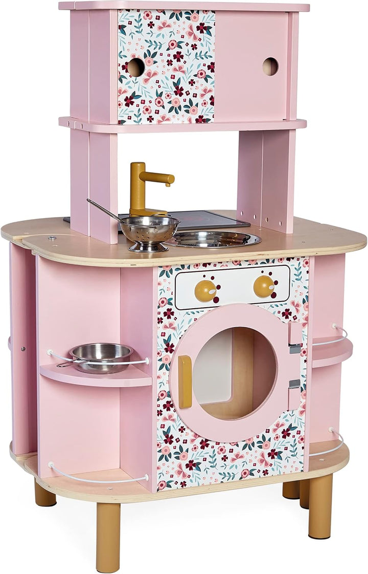 Janod - Twist Kinderküche aus Holz - Doppelseitige Küche - Mit 8 Utensilien - Ofen, Drehknöpfe, Koch
