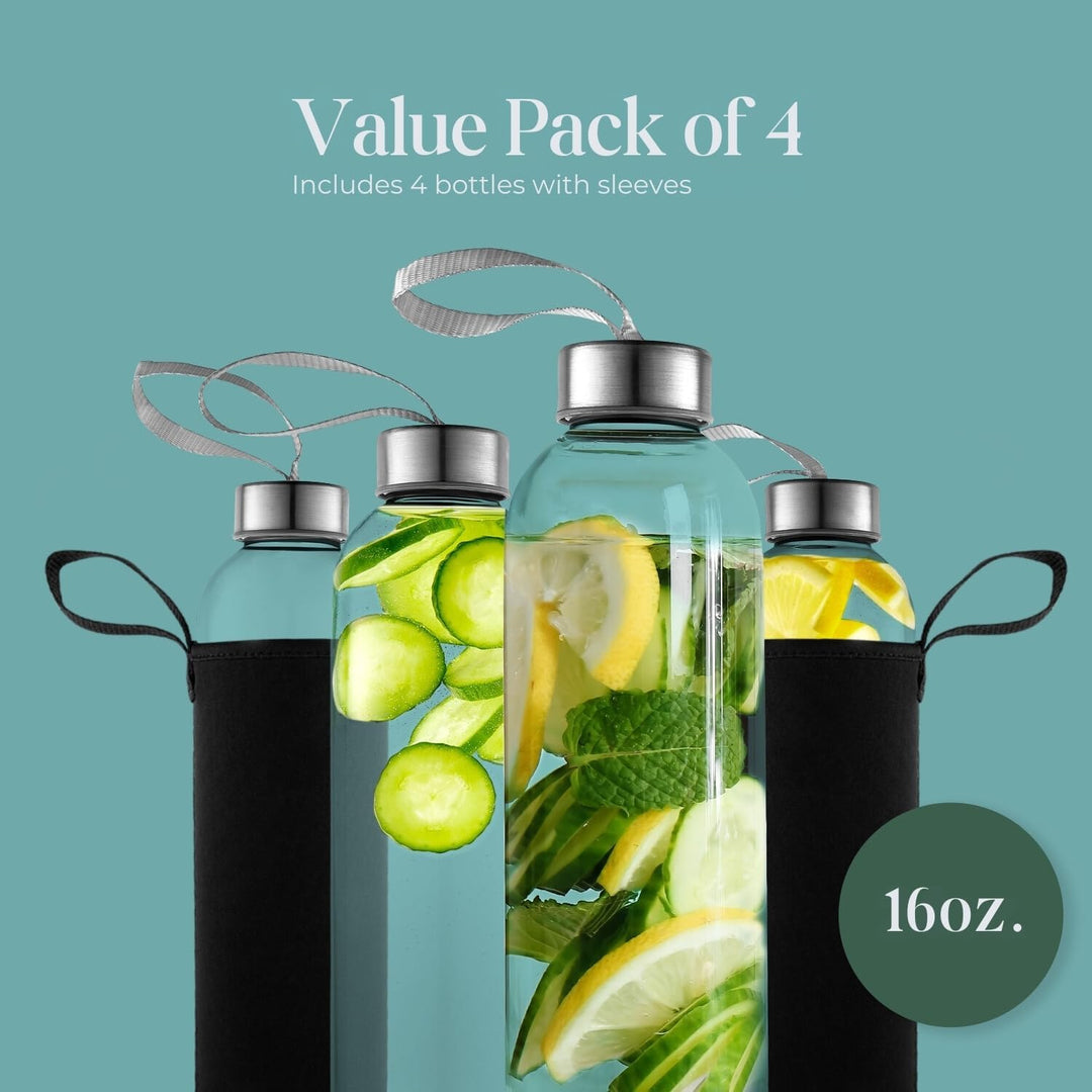 Kitchen Lux 473.6 g Glas-Wasserflaschen, wiederverwendbare Wasserflaschen mit luftdichtem, Edelstahl