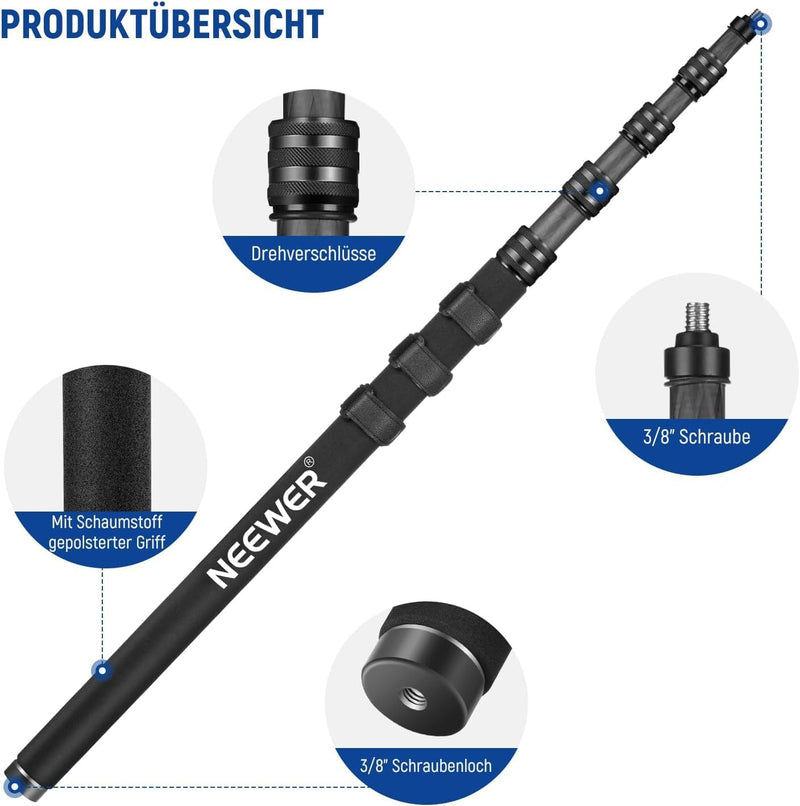 NEEWER Verbesserte Mikrofon Galgenstange, 300cm Teleskop Kohlefaser Mikrofonarm mit 5 Abschnitten, 1