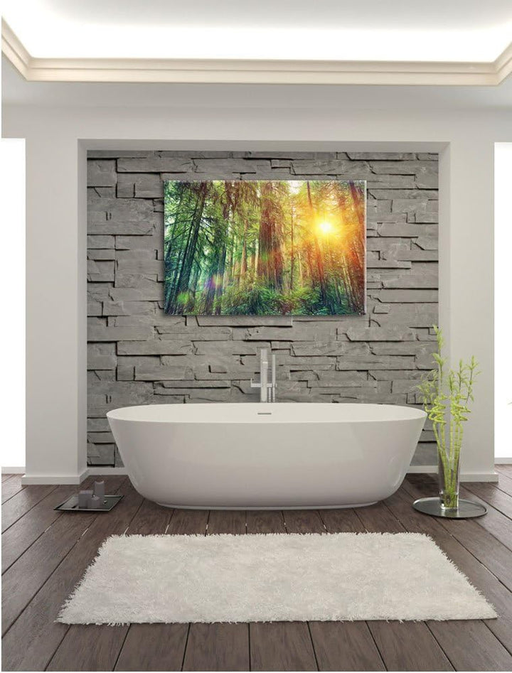 Pixxprint Wald bei Sonnenlicht als Leinwandbild | Grösse: 100x70 cm | Wandbild | Kunstdruck | fertig