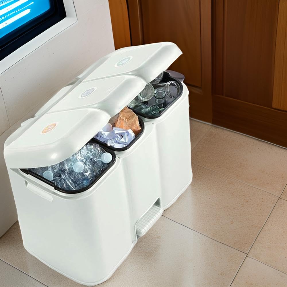 Buystar Mülleimer für Mülltrennung, weiss, 13 + 8 + 13 Liter, einzigartige Struktur mit Pedal und he