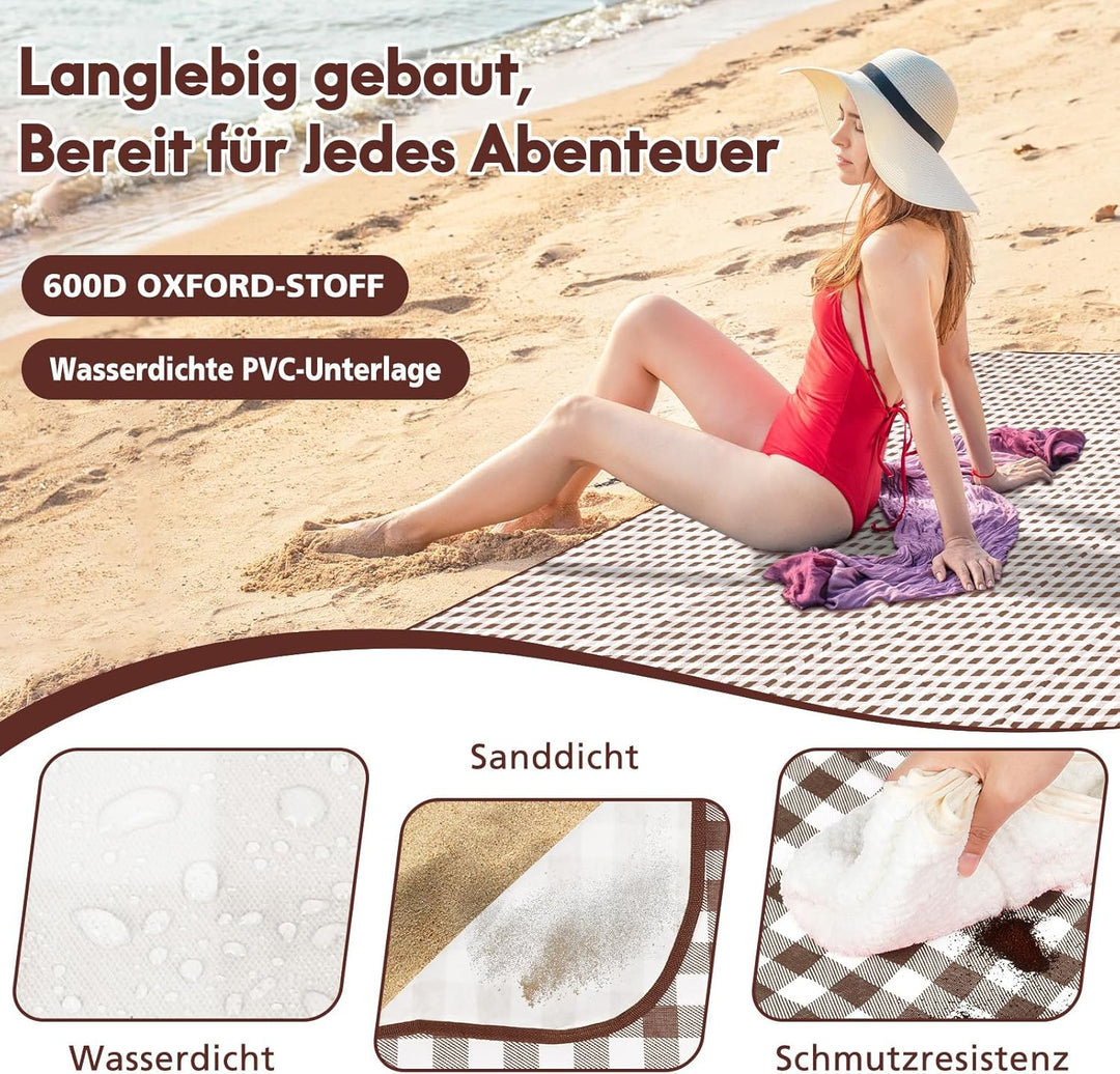 Picknickdecke 200x200 cm, Sandfest Stranddecke Wasserdicht Campingdecke, Waschbar Leichtgewicht mit