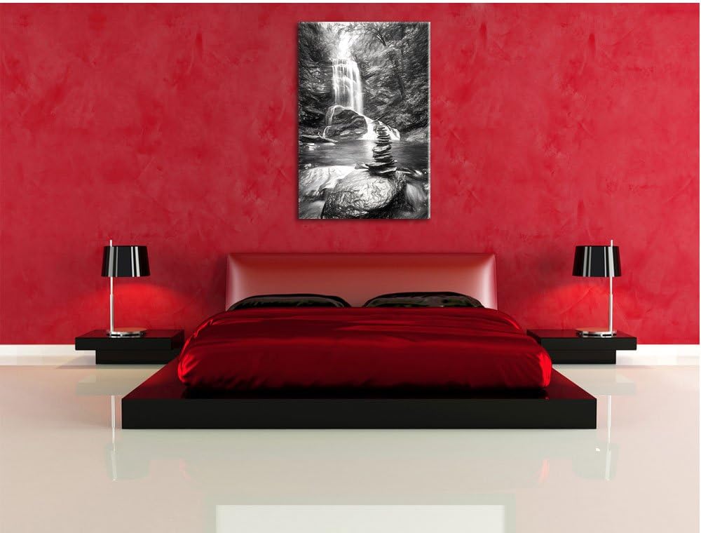 Pixxprint Zen Steine vor Wasserfall Kunst Kohle Effekt, Format: 100x70 auf Leinwand, XXL riesige Bil