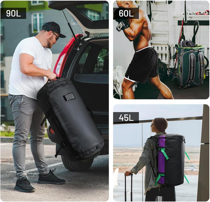 MIER Grosse Sporttasche wasserdicht Sportrucksack mit Schuhfach umwandelbar in Rucksack, 45L/60L/90L