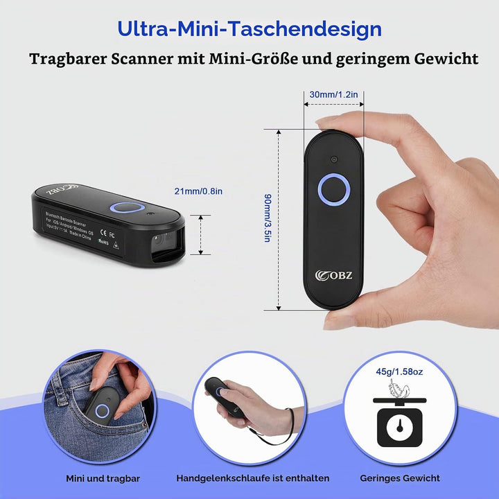 OBZ Mini 2D Barcode Scanner Bluetooth, Barcode Scanner Kabellos 3 in 1 USB &amp; Bluetooth &amp; 2.4G Wirele