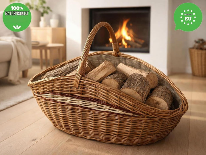 Weidenkorb, Holzkorb, Kaminkorb aus Naturweide, mit Jute vernäht (L) 68 x (B) 39 x (H) 24/40