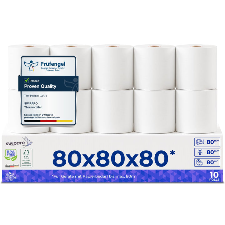 SWIPARO - Thermorollen 80mm x 80m x 12mm - Kassenrollen - Bonrollen zertifiziert für Registrierkasse