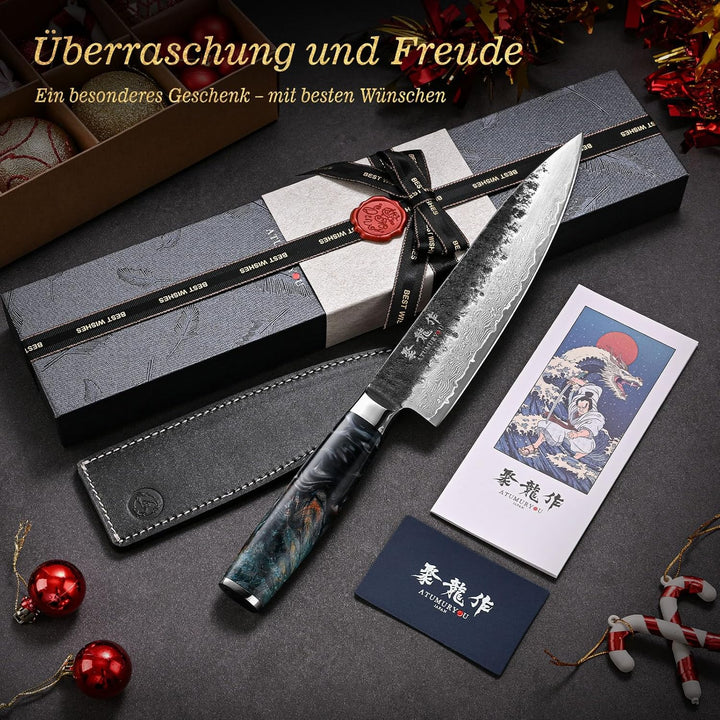 Japanisches Kochmesser, 20 cm Damaststahl mit VG10-Kern, schwarz geschmiedet, ergonomischer Griff, m
