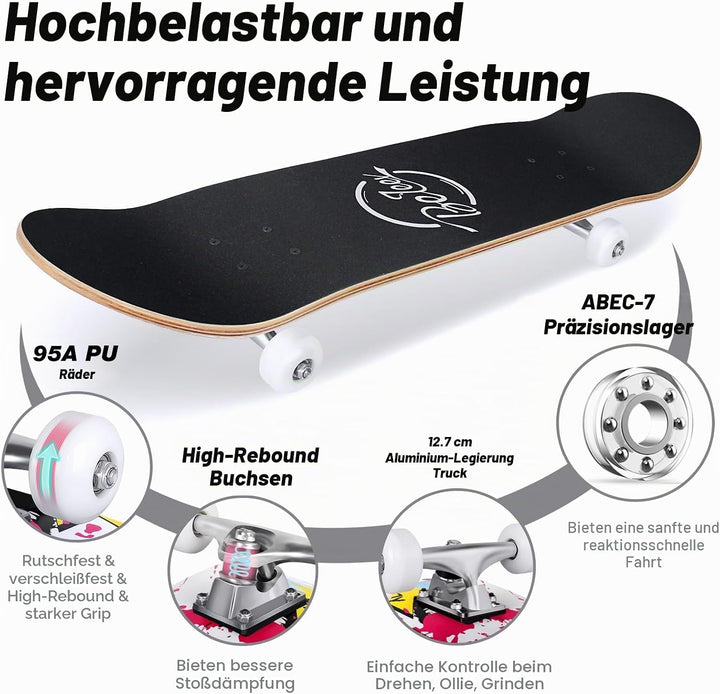 BELEEV Skateboard 31x8 Zoll Komplette Cruiser Skateboard für Kinder Jugendliche Erwachsene, 7-Lagige
