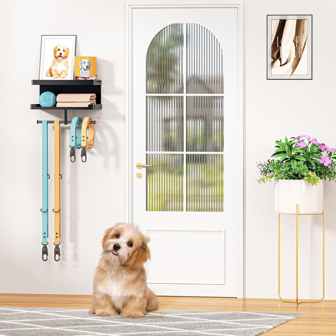 Hundegarderobe mit Ablage, Hundeleinen Halterung Wand, Schwarz Wandhalter für Hundeleine, Metall Hun