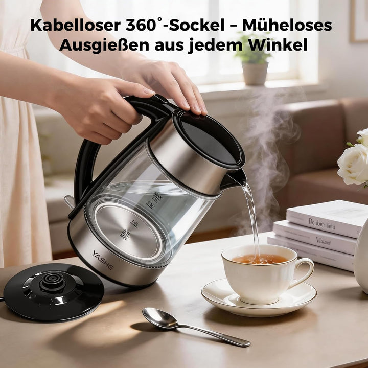 YASHE Wasserkocher Glas 1,7L 2200W Schnellkochend Mit LED-Licht | Edelstahlboden, Kalkfilter, Abscha