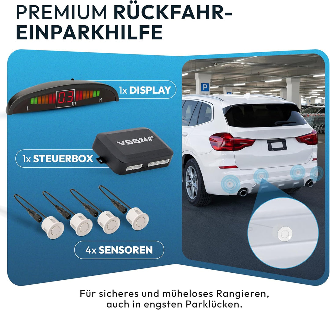 VSG24 Premium Einparkhilfe hinten mit Display zum nachrüsten am Auto, PDC Parksensoren hinten mit St