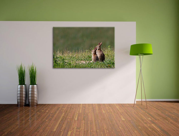 zwei Häschen auf Frühlingswiese Leinwand, XXL riesige Bilder fertig gerahmt mit Keilrahmen, Kunstdru