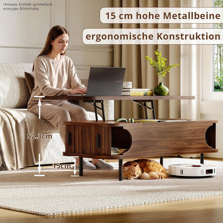 IRONCK Couchtisch höhenverstellbar, Wohnzimmertisch mit Stauraum, Holz Kaffeetisch mit Schiebetüren,