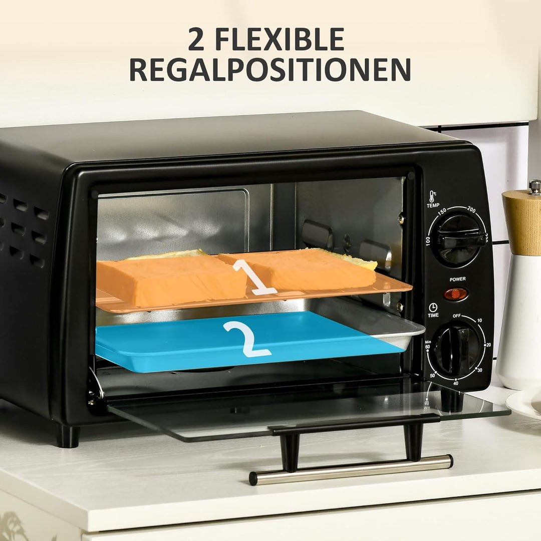 HOMCOM Mini Backofen 10 L 750W 100-230℃ 60 Min. Timer mit Backblech, Grillrost und Herausnehmbarer B