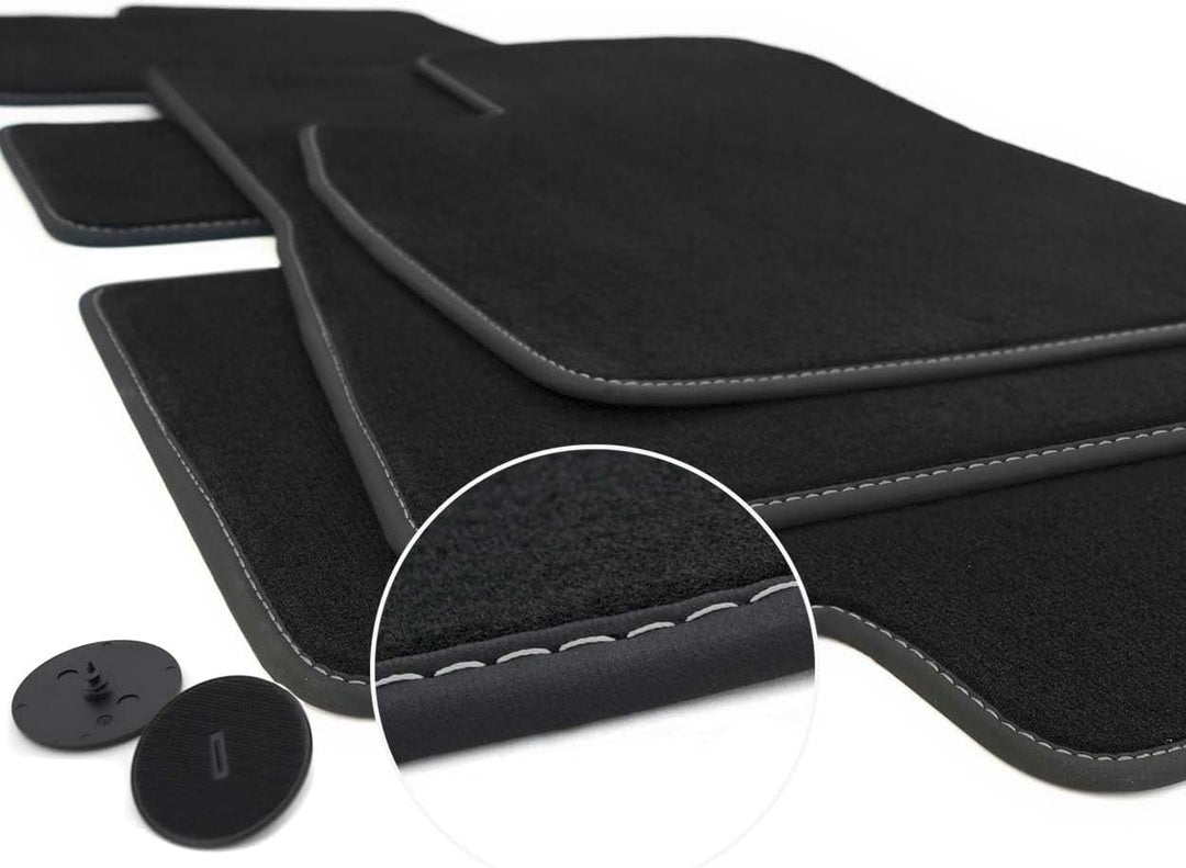 Fussmatten Tesla Model 3 Velours Original Qualität Autoteppich (Ziernaht Silber) Matten Set Automatt