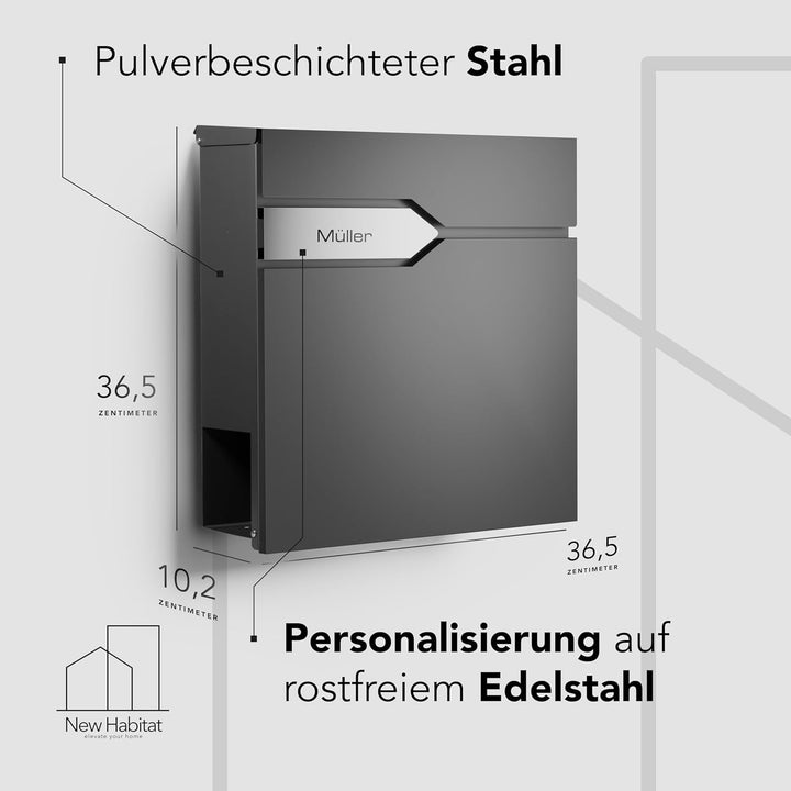 Moderner Briefkasten Personalisierbar Munich Anthrazit RAL7016 - mit Zeitungsfach - Wandbriefkasten