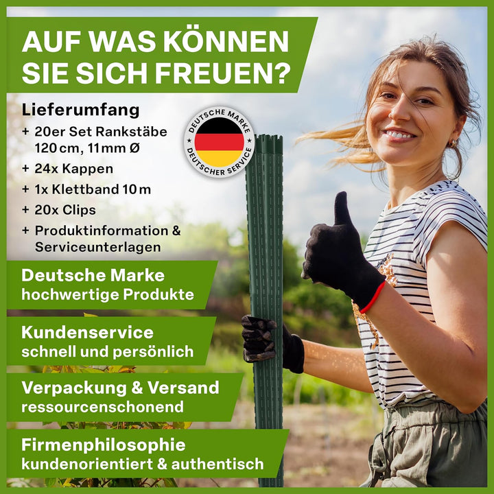 TTL GARDEN Rankstäbe 20er Set 120cm x 11mm Ø grün - Rankhilfe Pflanzstäbe + Klettband + Clips - Stah