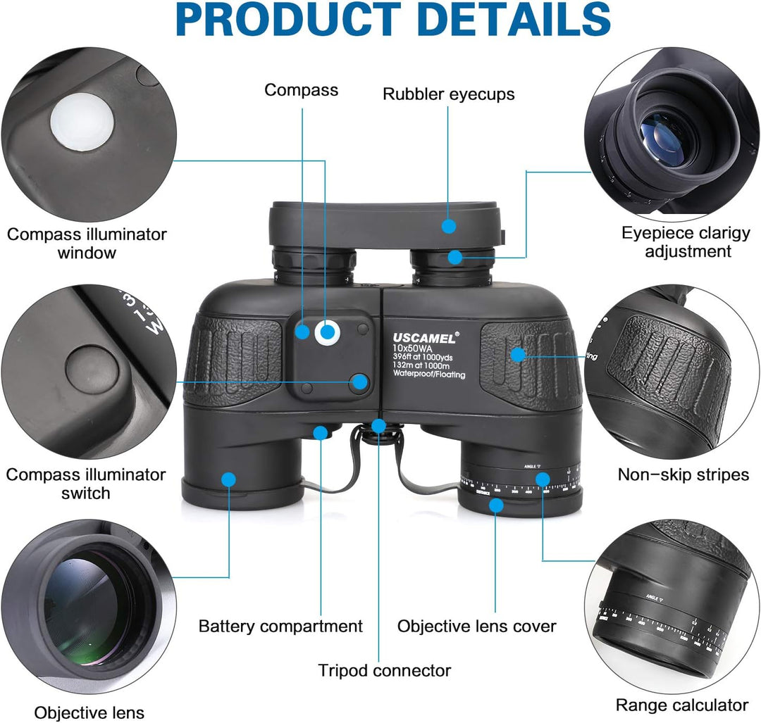 USCAMEL 10X50 Fernglas Kompakt, HD Militär Feldstecher mit Reichweitenanzeige, Multifunktions-Kompas