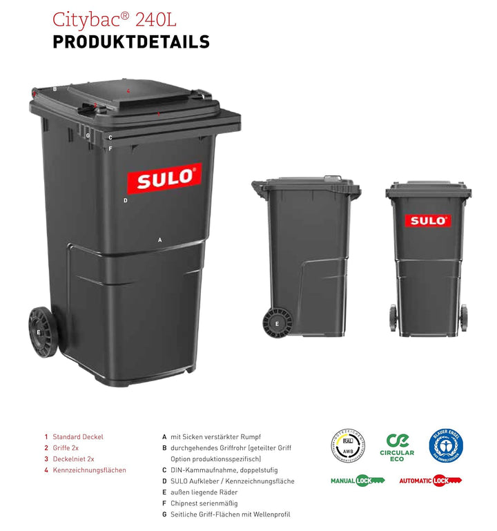 plasteo/SULO CITYBAC 240 Liter Mülltonnen | Graue Tonne Blauer Deckel + Grau Tonne Gelber Deckel | M