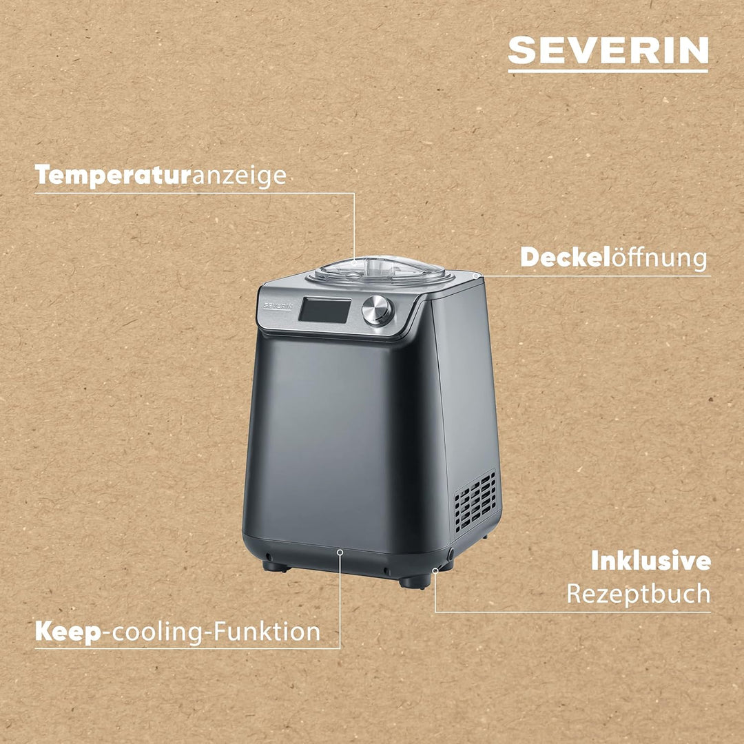 SEVERIN Kompakt Eismaschine & Joghurtbereiter, platzsparende Eismaschine mit Kompressor im Slim-Desi