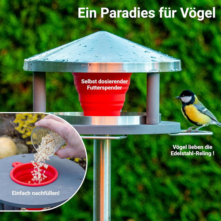 Vogelhaus mit Ständer wetterfest aus Edelstahl - Stabiles Vogelfutterhaus für draussen, modern aus M