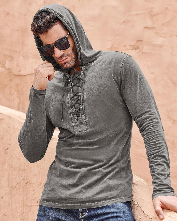 Beotyshow Herren Vintage Hoodie Langarm Shirt Männer Lace Up Hooded Langarmhemd Distressed Casual Ou