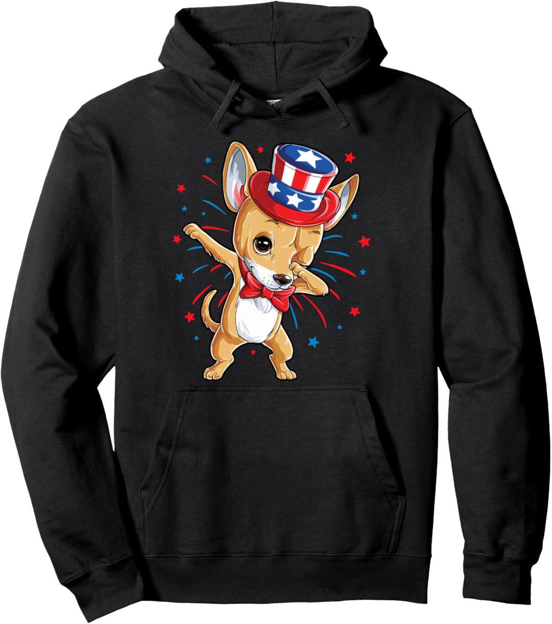 Dabbing Chihuahua 4th of July Uncle Sam Men American Flag Pullover Hoodie