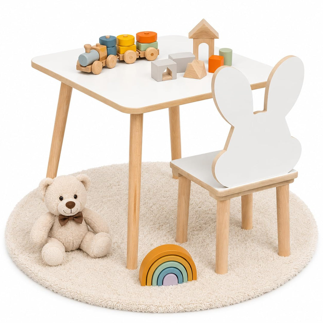 Kindertisch + Hasen‑Stuhl Set 50×50×47 cm – Tisch &amp; Stuhl für Kinder aus MDF &amp; Holz – natürlicher Le
