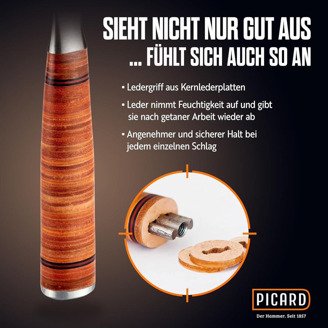 PICARD Ganzstahl-Latthammer Nr. 790 glatt | Magnetischer Nagelhalter | Ledergriff aus verwindungssic